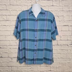 Tommy Bahama Shirt Men XXL Silk Original Fit Blue Plaid Short Sleeve Button Down
